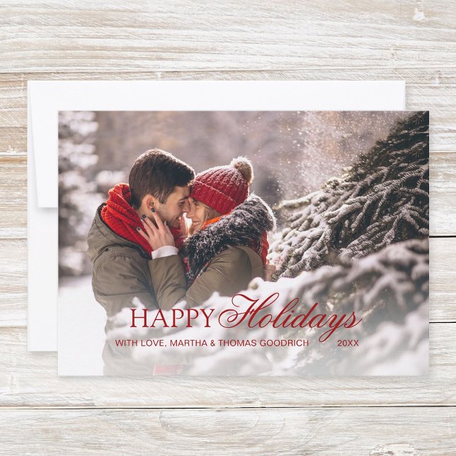 Stylish Red Script Happy Holidays Gradient Photo Holiday Card (Simple, classy christmas photo card "Happy Holidays" with elegant red script typography.)