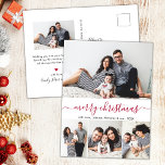 Stylish Red Script Photo Collage Christmas Postcard<br><div class="desc">Minimalist, Stylish Elegant Calligraphy Red and White 4 Photo Collage „Merry Christmas” Script Holiday Christmas PostCards. This festive, simple four (4) photo holiday card template features a pretty photo collage and says „Merry Christmas”! The „Merry Christmas” greeting text is written in a beautiful hand lettered whimsical swirly swash-tail font type....</div>