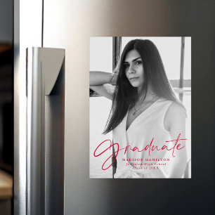 Stylish Red Script Photo Graduation Magnetic Invitation