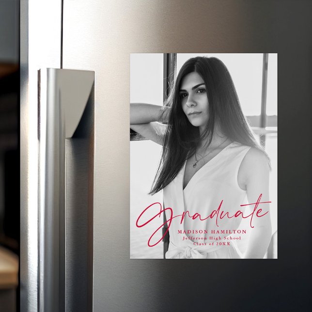 Stylish Red Script Photo Graduation Magnetic Invitation (Creator Uploaded)