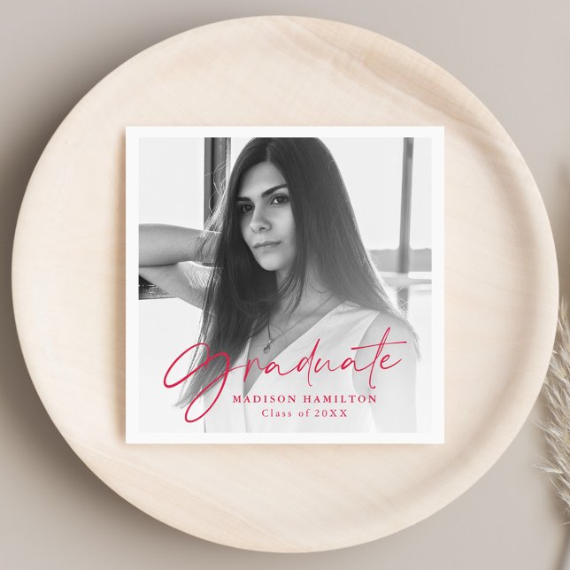 Stylish Red Script Photo Graduation Napkin (Creator Uploaded)