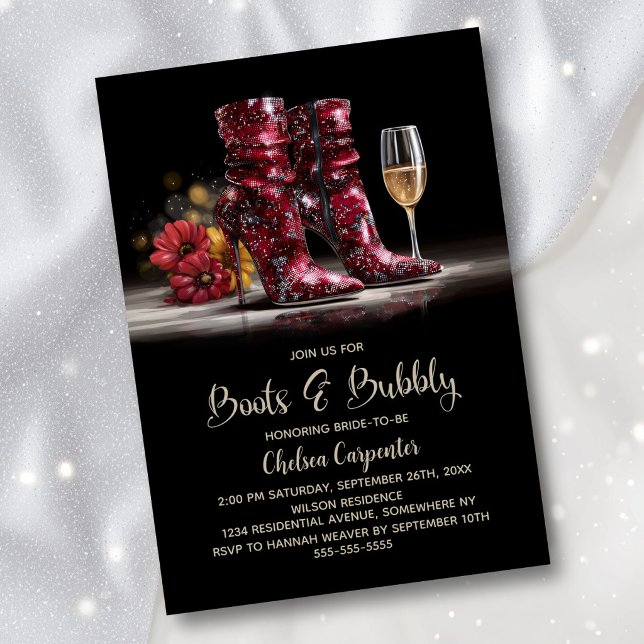 Stylish Red Sequin Boots and Bubbly Bridal Shower Invitation (Creator Uploaded)