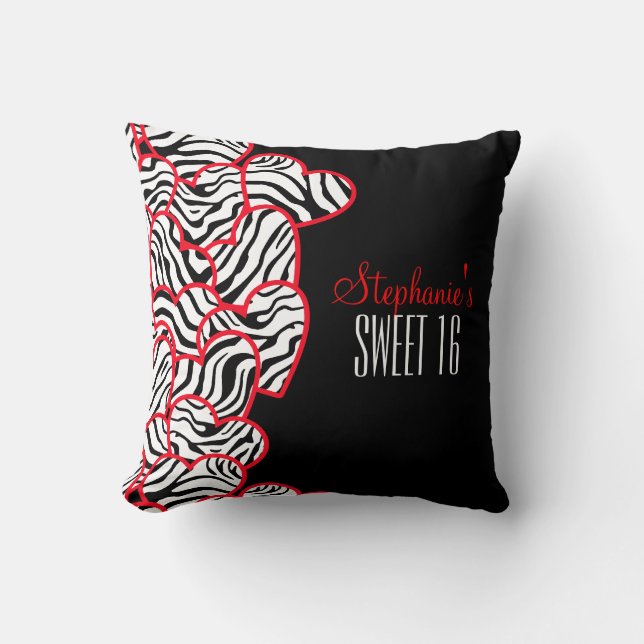 Stylish Red Sweet 16 Zebra Heart Design Name  Cushion (Front)