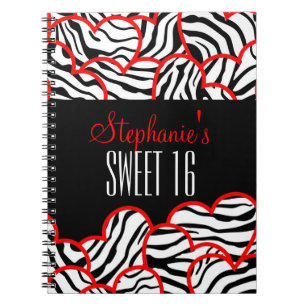 Stylish Red Sweet 16 Zebra Heart Design Name Notebook