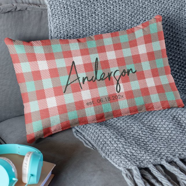 Stylish Red & Teal Bright Modern Holiday Plaid Lumbar Cushion (Creator Uploaded)