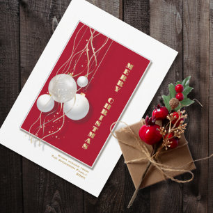 Stylish Red White Christmas Baubles Holiday Card