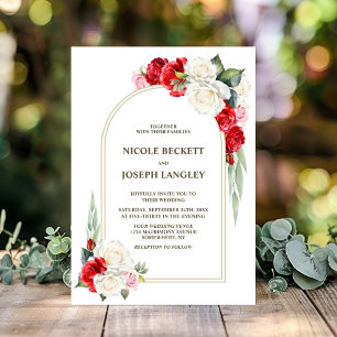 Stylish Red White Rose Floral Arch Wedding Invitation
