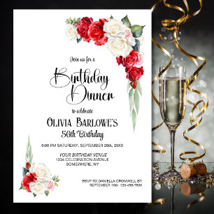 Stylish Red White Rose Floral Birthday Dinner Invitation