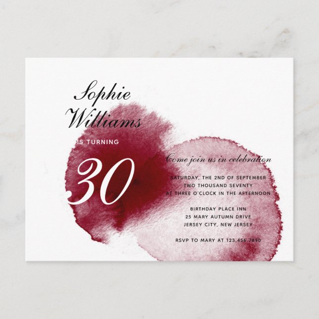 Stylish Red Wine Spill Modern Fall 30 Birthday Invitation Postcard (Front)