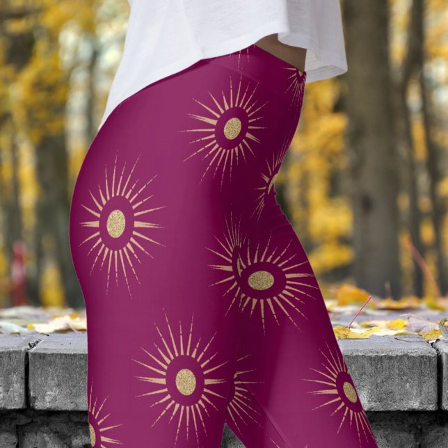 Stylish Red Wine Sun Burst Pattern Leggings (Sun Burst on Wine)