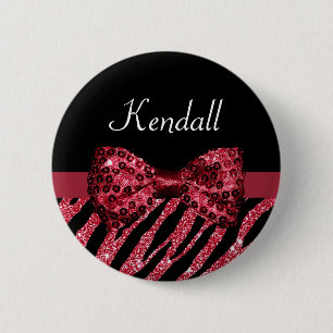 Stylish Red Zebra Print FAUX Glitz Bow With Name 6 Cm Round Badge