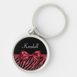 Stylish Red Zebra Print FAUX Glitz Bow With Name Key Ring
