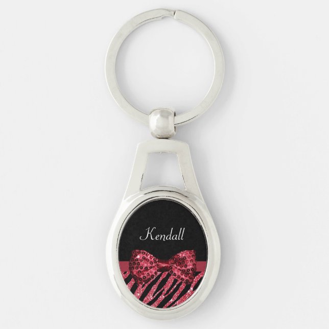 Stylish Red Zebra Print FAUX Glitz Bow With Name Key Ring (Front)