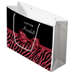 Stylish Red Zebra Print FAUX Glitz Bow With Name Large Gift Bag