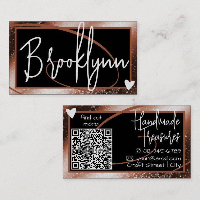 Stylish Reddish Brown Copper Frame Heart QR Code Business Card (Front/Back)