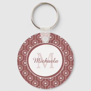 Stylish Reddish Brown Hearts Monogram With Name Key Ring