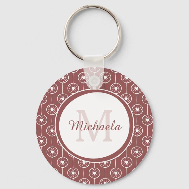 Stylish Reddish Brown Hearts Monogram With Name Key Ring (Front)