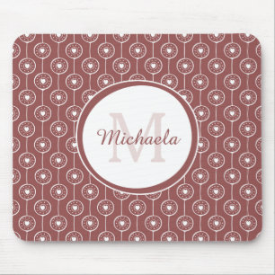 Stylish Reddish Brown Hearts Monogram With Name Mouse Pad