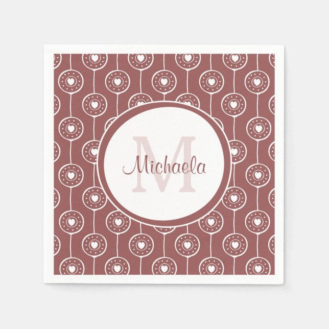 Stylish Reddish Brown Hearts Monogram With Name Napkin (Front)