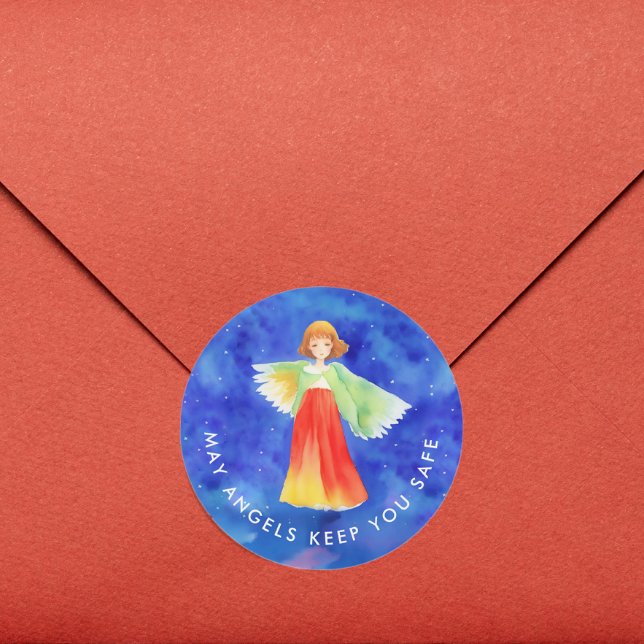 Stylish Religious God Bless Colour Guardian Angel Classic Round Sticker (Creator Uploaded)