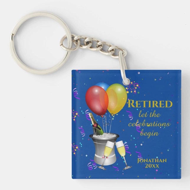 Stylish Retirement Sparkling Wine Celebration Blue Key Ring (Front)