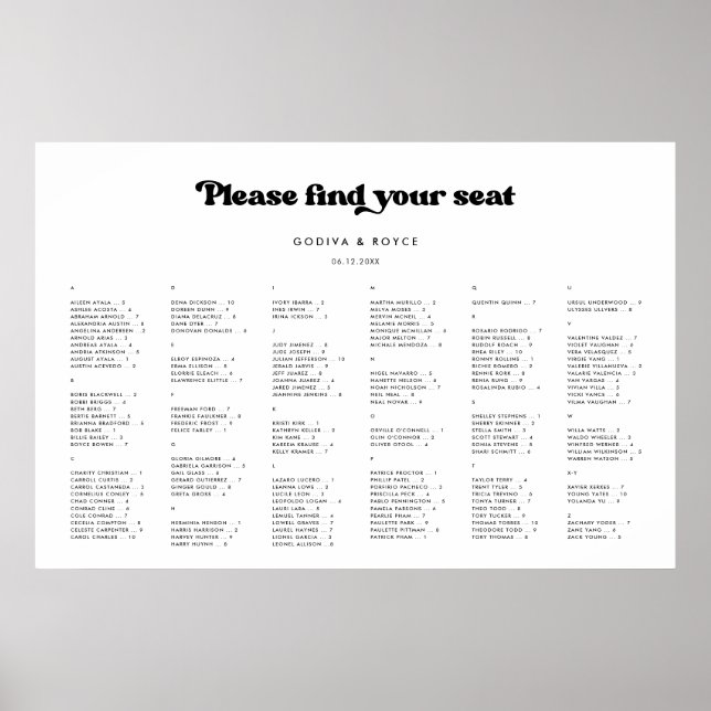 Stylish retro Alphabetical seating chart (Front)