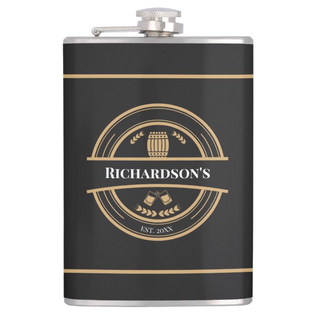 Stylish Retro Black Gold Vinyl Wrapped Flask (Front)