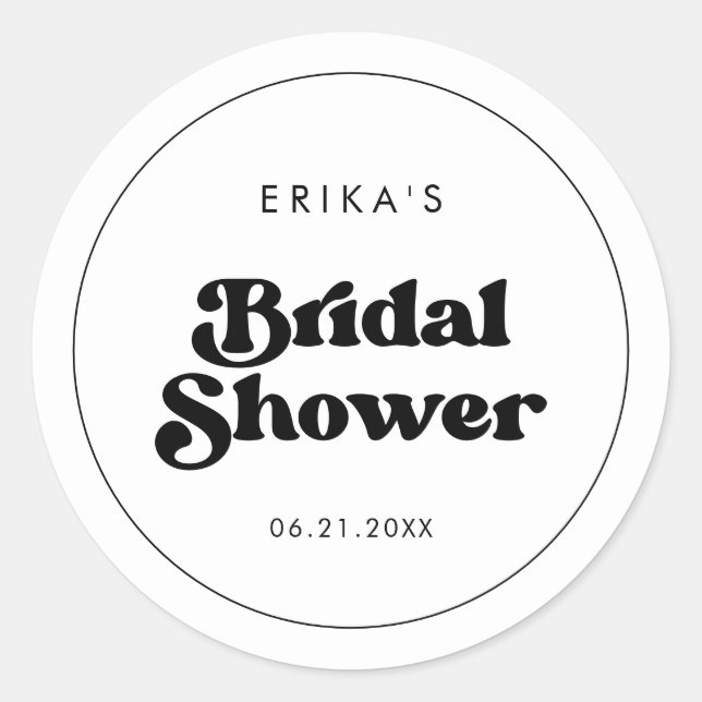 Stylish retro black & white Bridal Shower Classic Round Sticker (Front)