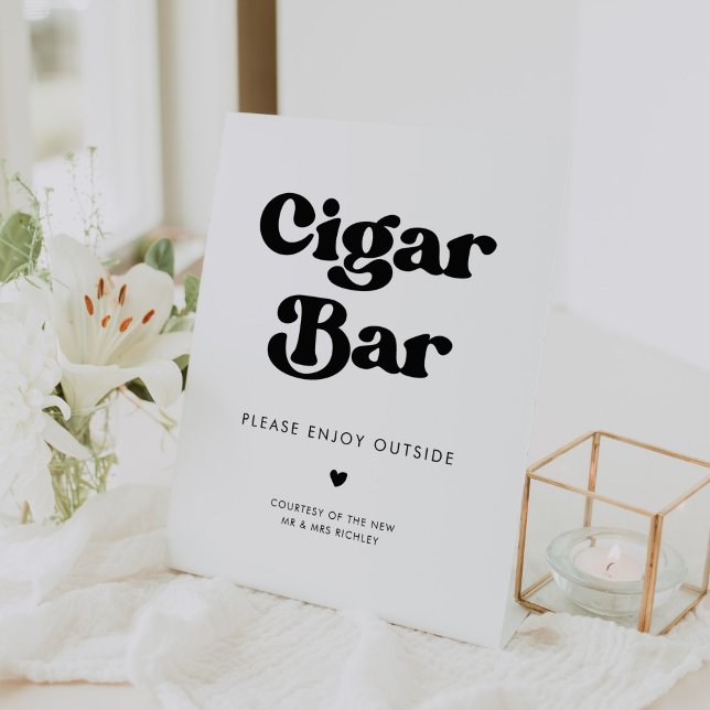 Stylish retro black & white wedding Cigar Bar Pedestal Sign (Creator Uploaded)