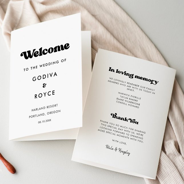 Stylish retro black & white wedding folded program programme (Creator Uploaded)