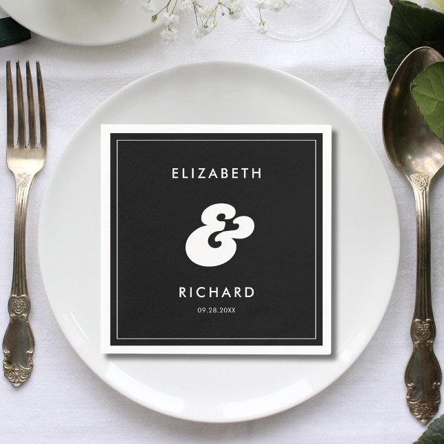Stylish Retro Black & White Wedding Napkin (Retro black and white wedding napkins bring a stylish, cohesive feel to your reception.)