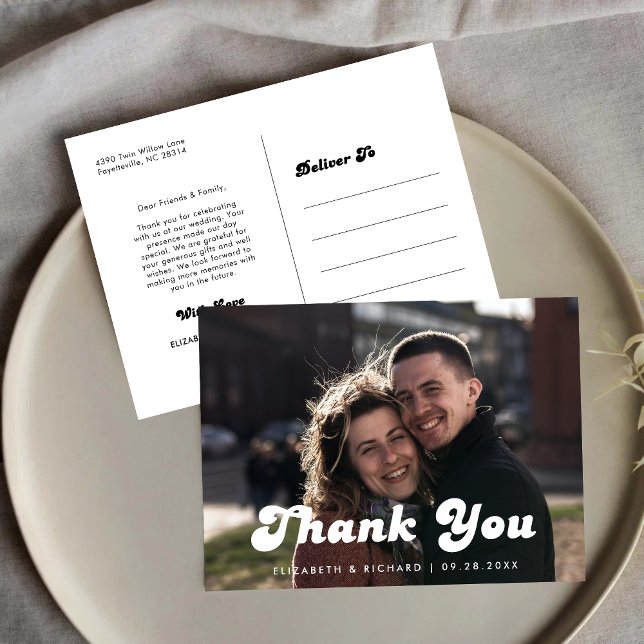 Stylish Retro Black White Wedding Thank You Photo Postcard (Creator Uploaded)