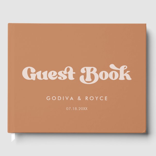 Stylish retro brown sugar wedding guest book (Front)
