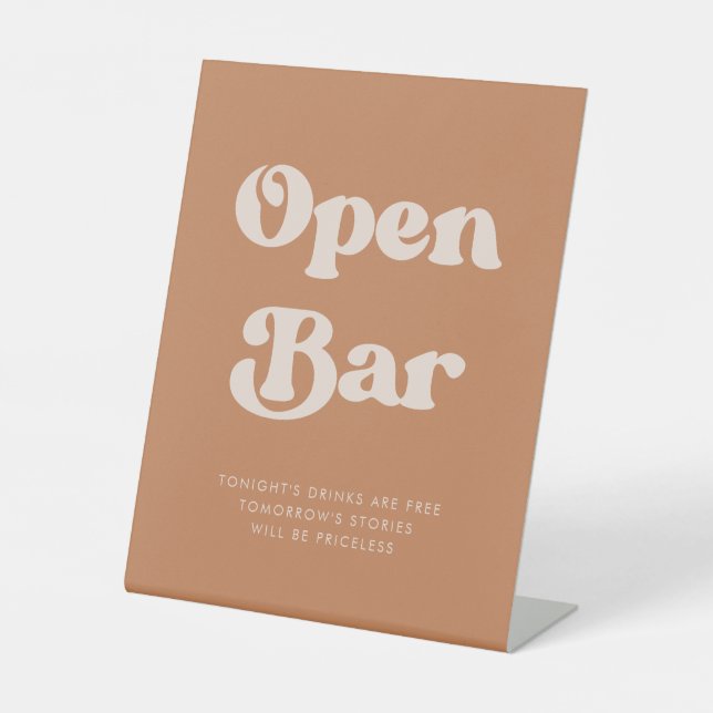 Stylish retro Brown sugar Wedding Open Bar Pedestal Sign (Front)