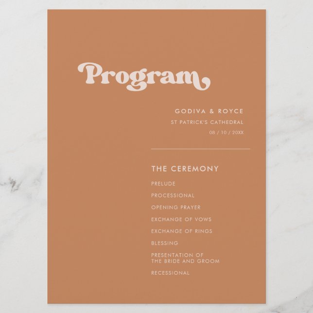 Stylish retro brown sugar wedding programme (Front)