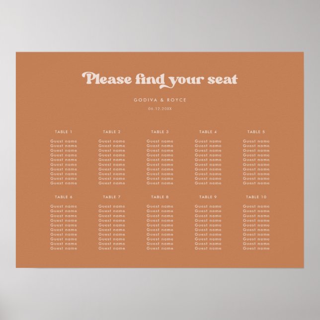 Stylish retro Brown sugar Wedding seating chart (Front)