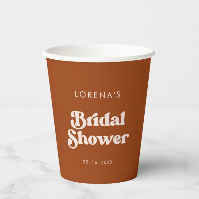 Stylish retro Burnt Orange Bridal Shower Paper Cups (Front)