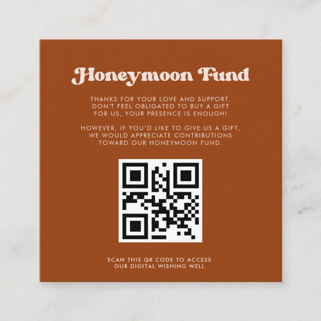 Stylish retro Burnt Orange Honeymoon fund QR code Enclosure Card (Front)