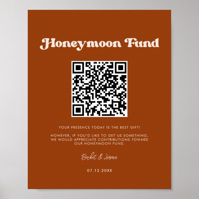 Stylish retro Burnt Orange Honeymoon fund QR code Poster (Front)