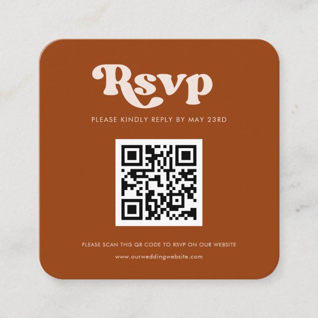 Stylish retro burnt orange QR code RSVP response Enclosure Card (Front)