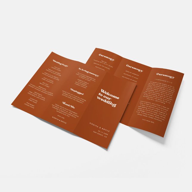 Stylish retro Burnt Orange Trifold Wedding Program Flyer (Creator Uploaded)