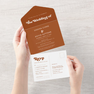 Stylish retro burnt orange wedding all in one invitation