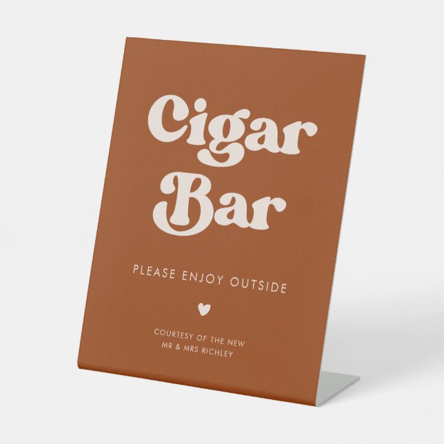 Stylish retro Burnt Orange Wedding Cigar Bar Pedestal Sign (Front)