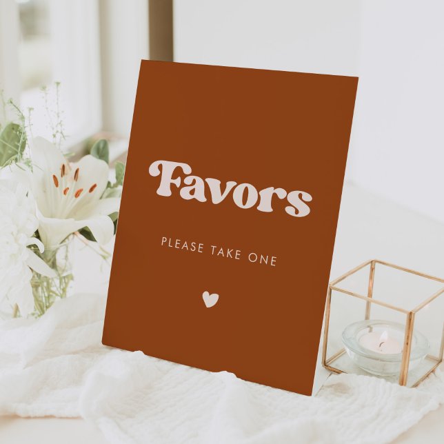 Stylish retro Burnt Orange Wedding Favours Pedestal Sign (Creator Uploaded)