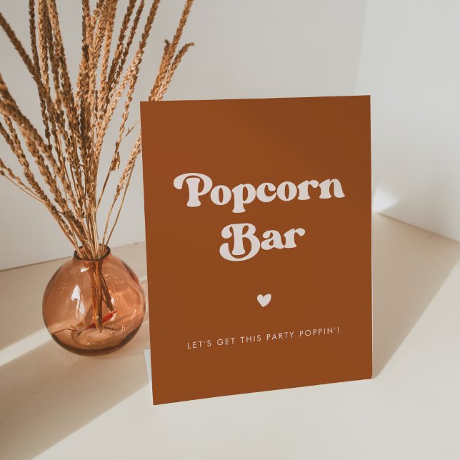 Stylish retro Burnt Orange Wedding Popcorn bar Pedestal Sign (Creator Uploaded)