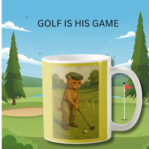 Stylish Retro Cat Playing Golf Custom Monogram Coffee Mug