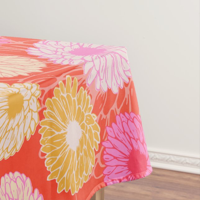 Stylish Retro Dahlia Floral Pattern Red Pink Tablecloth (In Situ)
