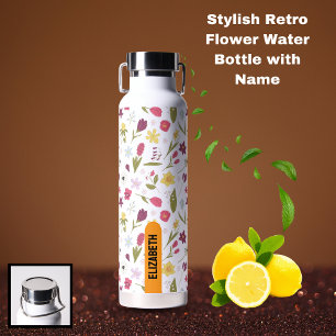 Stylish Retro Floral Personalised Name Design Water Bottle