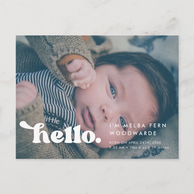 Stylish retro Hello Baby Photo Birth announcement Postcard (Front)