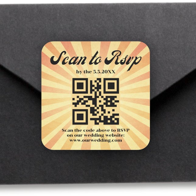 stylish retro orange rsvp qr code wedding   square sticker (Creator Uploaded)